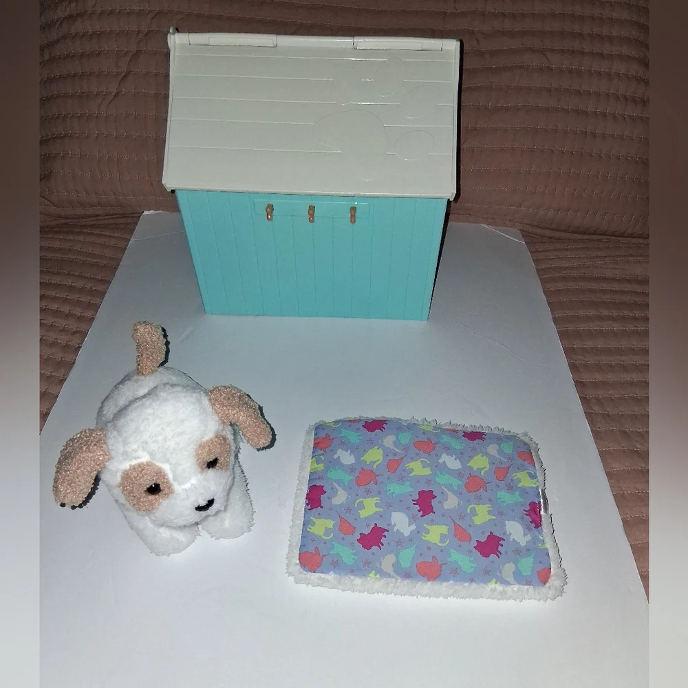 Our Generation Aqua and White Dog House Set with Plush Toy Pre-owned Good Condit